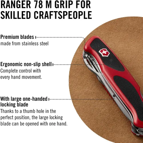 Miniatura 5 de Victorinox Ranger 78 M Grip - Cuchillo suizo del ejército, 12 funciones, navaja de bolsillo de fabricación suiza con hoja de bloqueo grande, pinzas
