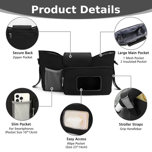 Miniatura 4 de Accmor Organizador universal para cochecito con portavasos aislado, accesorios para bolsa de cochecito, organizador de portavasos para cochecito