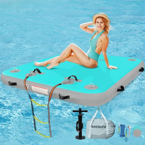 AWEMUFA Muelle flotante inflable con rampa de 5 pies/6 pies/8 pies/10 pies, plataforma flotante flotante, tapete flotante de isla flotante, flotador