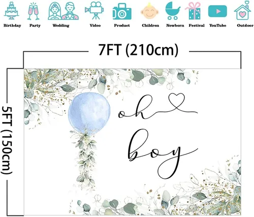 Miniatura 3 de Mocsicka Telón de fondo Oh Boy con globo azul, fondo verde para baby shower, eucalipto botánico, baby shower, fiesta, pastel, decoración de mesa