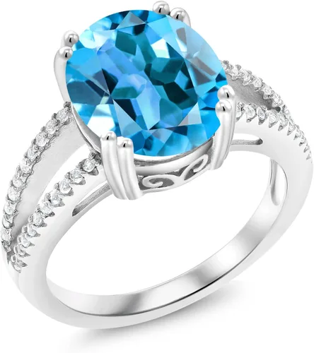 Gem Stone King Anillo de plata de ley 925 con topacio azul suizo para mujer (5.48 quilates, ovalado 0.472 x 0.394 in, piedra natal de noviembre,