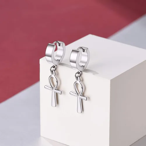 Miniatura 8 de FaithHeart Aretes de aro Huggie para mujer, acero inoxidable, chapado en oro de 18 quilates, aretes colgantes de gota de AnkhCrossCandkBocina