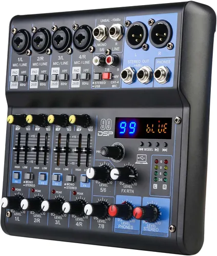 Miniatura 4 de Dj Mixers - Mezclador de audio de 8 canales con Bluetooth, interfaz de audio USB con grabación de tarjeta de sonido y 48 V Phantom Power Sounds