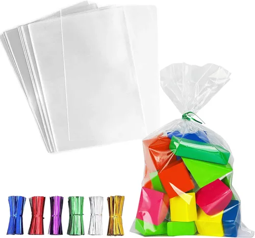 Miniatura 11 de 100 bolsas de celofán de 3 x 11 pulgadas, transparentes, largas, planas, para regalo, bolsas de pretzel transparentes con 6 colores mezclados