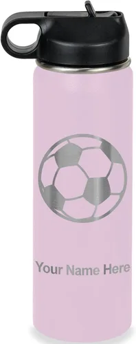 Miniatura 77 de LaserGram Botella de agua personalizada, pelota de fútbol, acero inoxidable de doble pared aislada al vacío con popote superior, regalo grabado