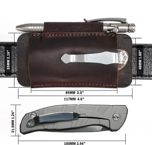 Miniatura 5 de Funda de cuchillo de cuero VIPERADE PJ33 para cinturón, funda de navaja de bolsillo horizontal con soporte elástico para bolígrafos, funda de Marrón