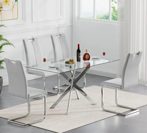 Miniatura 15 de Juego de mesa de comedor redonda de 3 piezas para 2, mesa de cocina moderna de vidrio plateado y sillas para 2 con sillas tapizadas, juego de mesa