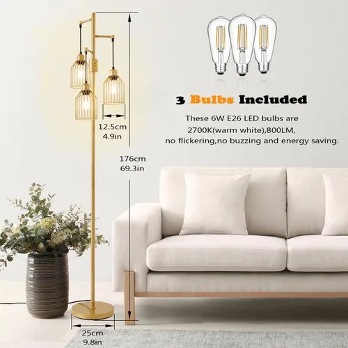 Miniatura 3 de Lámpara de Pie Regulable para Sala de Estar, Lámparas de Pie de Estilo Rústico con Elegante Jaula Colgante, 3 Bombillas LED Edison Incluidas, Luz