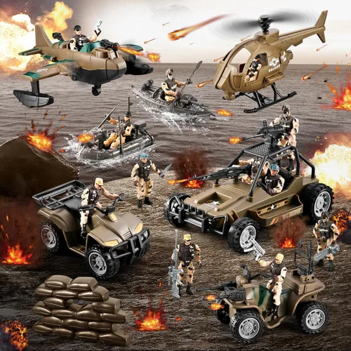 Miniatura 6 de Conjunto de juguetes de hombres del ejército de 78 en 1 con camión militar realista/helicóptero/barco kayak/motocicleta/figuras de acción de hombres