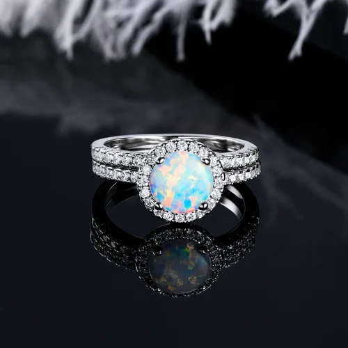 Miniatura 5 de MDFUN - Anillo de compromiso con halo de ópalo para mujer, anillo de circonia cúbica creado de 2 en 1, chapado en oro blanco de 18 quilates, anillos