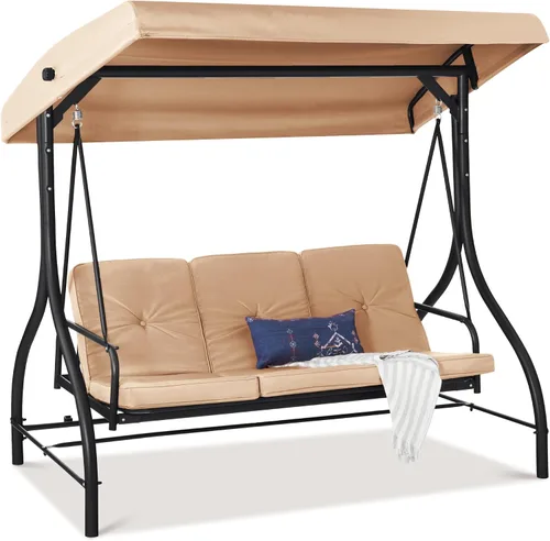 Miniatura 9 de Best Choice Products Columpio Deslizante con Toldo Convertible Grande de 3 Asientos para Exteriores, Hamaca de Patio, Silla de Descanso para Porche