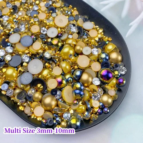 Miniatura 3 de Cuentas de resina mixta con diamantes de imitación y perlas semirredondas, 30 g, diamantes de imitación de parte trasera con perlas medias