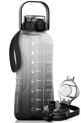 Miniatura 10 de AQUAFIT Botella de agua de 128 onzas con marcador de tiempo, popote 2 en 1 y tapa para beber, botella de agua grande para gimnasio sin BPA