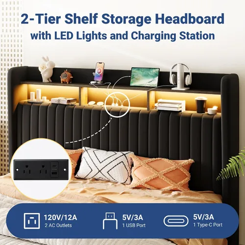 Miniatura 4 de Allewie Marco de cama de almacenamiento hidráulico elevable, tamaño King, cabecero de estante de 2 niveles con luces LED y estación de carga, Negro