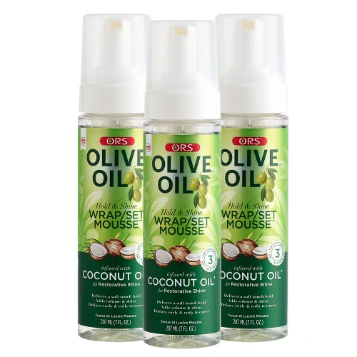 Miniatura 11 de ORS Set de envoltura de aceite de oliva Hold & Shine Mousse infundida con aceite de coco para un brillo reparador, 7 onzas