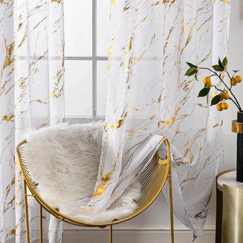 Miniatura 13 de Cortinas Transparentes Beige con Estampado de Lámina de Mármol Dorado de 63 Pulgadas de Largo para Cuarto de Bebé, Paneles de Ventana con Bolsillo
