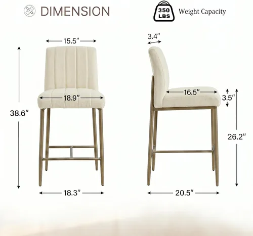 Miniatura 7 de GrandNoor Cómodo juego de 2 taburetes de bar tapizados de 26 pulgadas de grosor con respaldo, taburetes de mostrador de lino con patas de metal