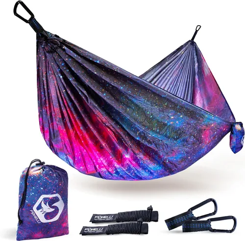 Foxelli Hamaca de camping – Hamaca portátil de nailon de paracaídas ligera con cuerdas de árbol y mosquetones, perfecta para exteriores, mochileros,