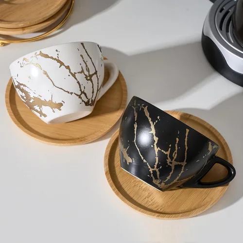 Miniatura 2 de LUKA - Juego de tazas de café de cerámica con platillos y soporte de metal, tazas de capuchino apilables de 8 oz de porcelana para té, espresso