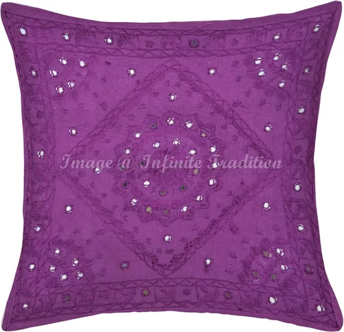 Funda de almohada cuadrada decorativa vintage india bordada a mano con espejos, color morado, hecha a mano, luna y estrella, 15.7 x 15.7 in, 1 unidad