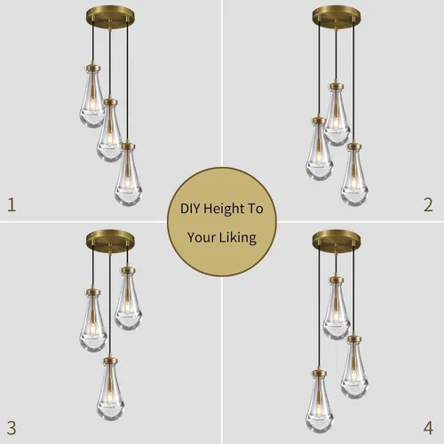 Miniatura 7 de Lámpara colgante de latón de 3 luces para isla de cocina, lámpara colgante de racimo de lluvia, lámpara de techo de cristal con cuerda ajustable