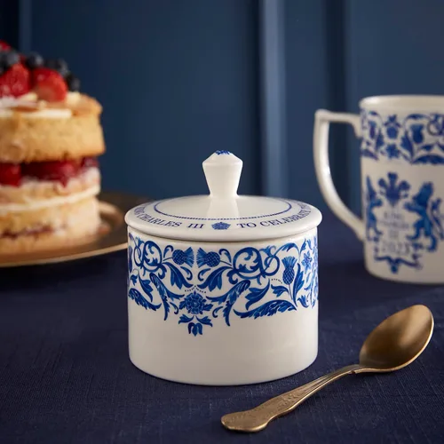 Miniatura 2 de Portmeirion Inicio y regalos Spode King Charles III Coronation - Azucarero cubierto con tapa de 9.5 fl oz, patrón azul y blanco fabricado