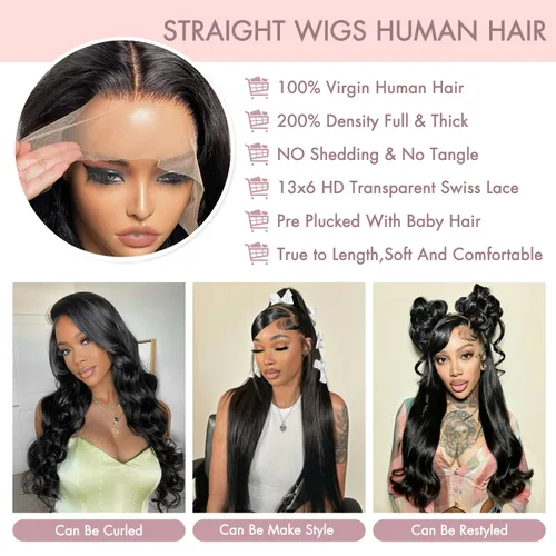 Miniatura 3 de Pelucas de cabello humano lacio con encaje frontal transparente HD de 36 pulgadas y 13 x 6 pulgadas para mujer, densidad 200, sin pegamento