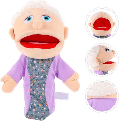 Miniatura 7 de Marioneta de mano para abuela, figura de miembro de la familia con boca móvil, marioneta de mano de felpa, juguetes de simulación, accesorios