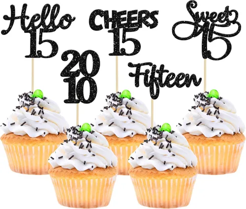 Miniatura 68 de Gyufise Paquete de 24 adornos negros para cupcakes de 10.º cumpleaños con purpurina negra 10 Ten Hello 10 Dights dobles desde 2015 para decoraciones