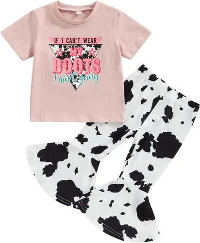 fhutpw Conjunto de camiseta de manga corta con estampado de vaca y pantalones acampanados de dibujos animados para niñas