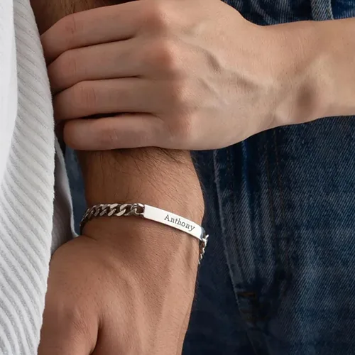 Miniatura 7 de LeCalla Pulsera personalizada con nombre de identificación personalizada grabada Pulsera de identificación de barra de eslabones para hombre