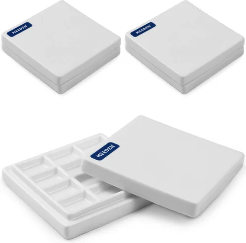 MEEDEN Paquete de 3 paletas de cerámica con cubierta, paleta de pintura para mezcla de colores de gouache de acuarela, paleta de porcelana blanca