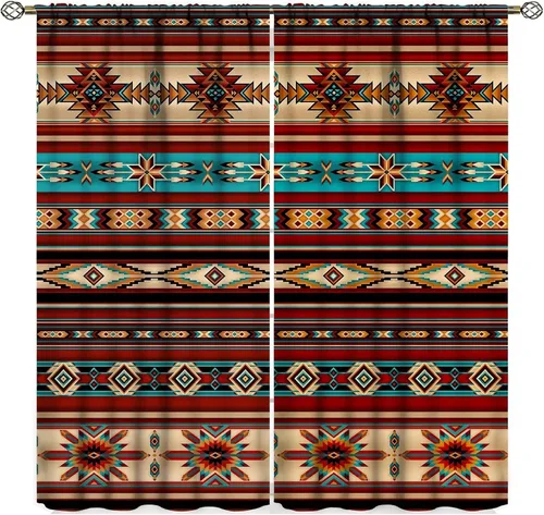 Miniatura 21 de Cortinas aztecas, patrón étnico tribal nativo del suroeste, estilo bohemio occidental, geométrico, tratamientos de ventana para sala de estar, juego