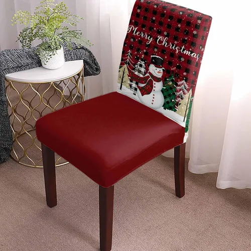 Miniatura 2 de Juego de 4 fundas navideñas para sillas de comedor, diseño de muñeco de nieve con árbol de Navidad, copos de nieve, cuadros rojos, extraíble