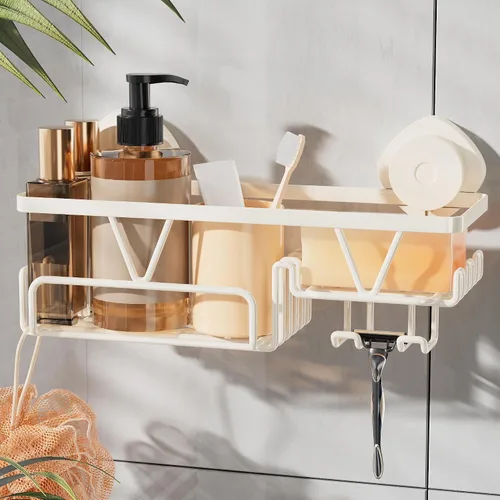 Miniatura 10 de KEGII Organizador de ducha con ventosa con soporte para jabón y ganchos, estante organizador de baño de succión extraíble, organizador de ducha sin
