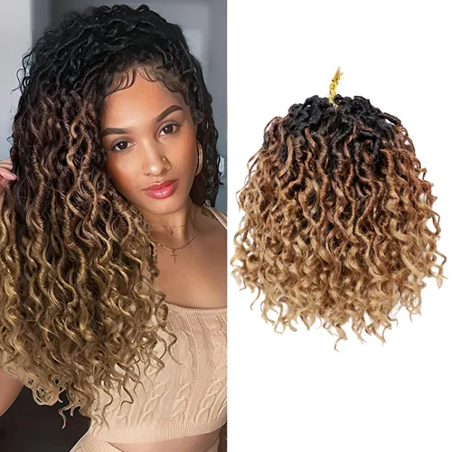 Miniatura 19 de Rastas sintéticas de cabello de ganchillo de 10 pulgadas, cabello de ganchillo Ombre Goddess Locs para mujer, trenzas de ganchillo suaves y rizadas