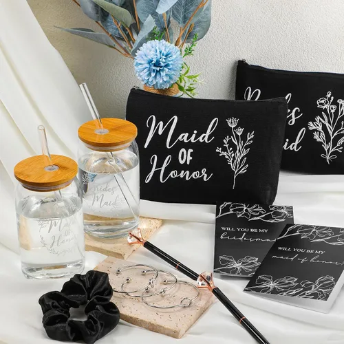 Miniatura 3 de Irenare Juego de 6 regalos de propuesta de dama de honor, 36 piezas, Will You Be My Bridesmaid de 16 onzas, tazas de vidrio para novias, bolsas