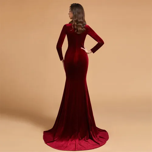 Miniatura 5 de Joya Cuello Terciopelo Manga Larga Vestidos de baile de Noche Vestidos de Fiesta de Tren Corte de Sirena Vestidos de Fiesta Formal Cremallera Atrás