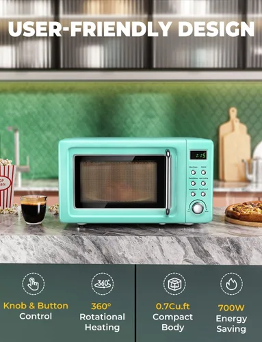 Miniatura 4 de Horno de microondas retro para encimera SIMOE, microondas pequeño de 0.7 pies cúbicos con función de descongelamiento, 5 niveles de potencia, 8