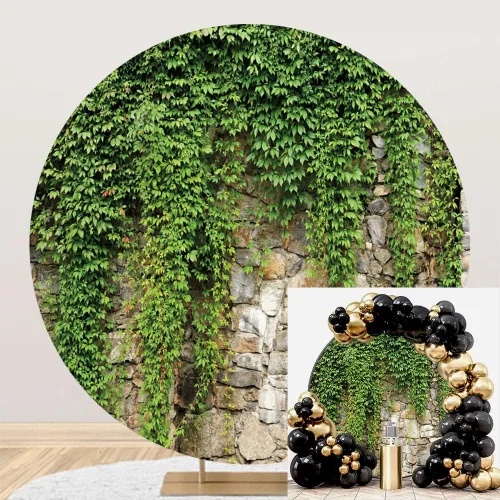Leyiyi Fondo redondo de hojas de jardín de primavera de 3 x 3 pies, diseño de plantas de jardinería, grunge, pared de piedra verde, cubierta de rama