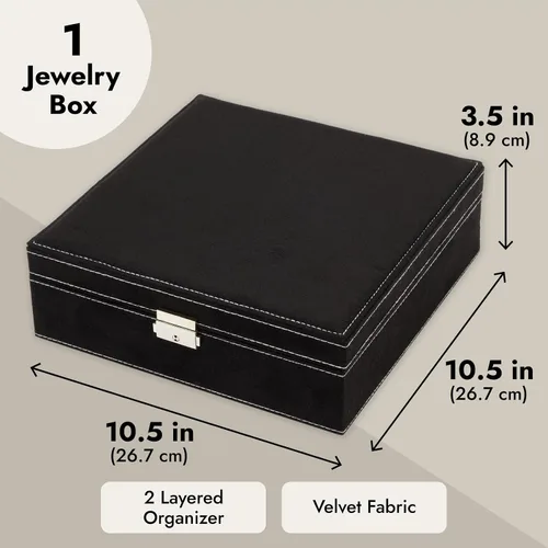 Miniatura 4 de Caja organizadora de alhajas con dos capas con cerradura y llave, textura de terciopelo, charola extraíble, compacta, amplio espacio de Negro