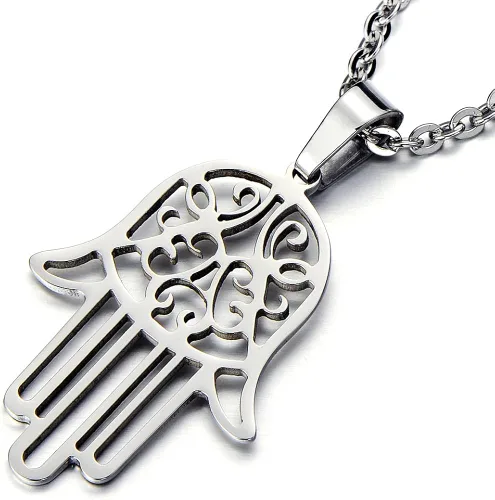 Miniatura 2 de COOLSTEELANDBEYOND Hamsa - Collar colgante de mano de Fátima de acero inoxidable con cadena de 20 pulgadas