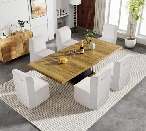 Miniatura 16 de Juego de mesa de comedor extensible marrón de 9 piezas para 8, 63 a 78.74 pulgadas, juego de mesa de cocina y comedor, mesa de comedor extensible