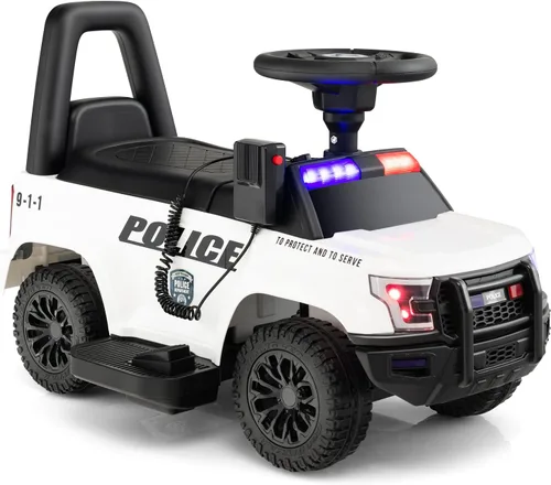 GLACER Coche de policía para niños, auto de juguete eléctrico a batería de 6 V con megáfono real, música, luces intermitentes de sirena y faros,