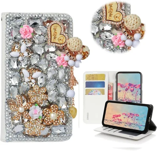 Miniatura 10 de Bling - Funda tipo cartera para teléfono compatible con Samsung Galaxy Z Fold 3 5G, elegante, hecha a mano, atrapasueños con colgante de perlas