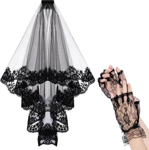 choyaxo Velo de novia de encaje negro, velo de novia de encaje floral, velo de Halloween con peine y guantes cortos de encaje negro para mujeres y