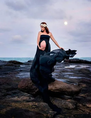Miniatura 2 de JustVH Vestido de maternidad de gasa con hombros descubiertos para fotografía vestido largo de embarazo para sesión de fotos