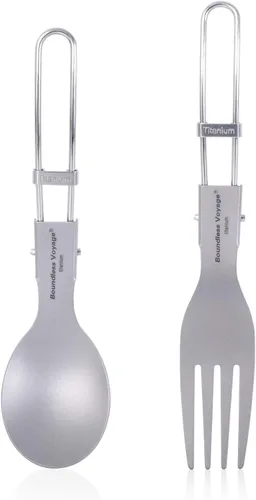 Miniatura 13 de iBasingo Cuchillo de tenedor de titanio con mango plegable, utensilios de vajilla ultraligeros para camping, picnic al aire libre, senderismo