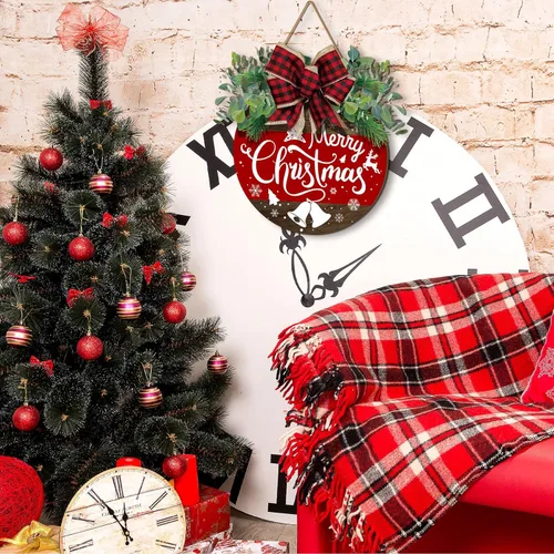 Miniatura 3 de Boao Decoraciones de puerta de Navidad de madera con texto en inglés «Merry Christmas» para puerta delantera, colgador de letrero con lazo rojo a