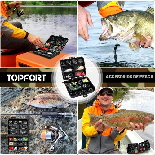 Miniatura 7 de TOPFORT Kit de 187/343 piezas de accesorios de pesca, Caja de aparejos de pesca organizada con aparejos incluidos, anzuelos de pesca, pesas de Kit